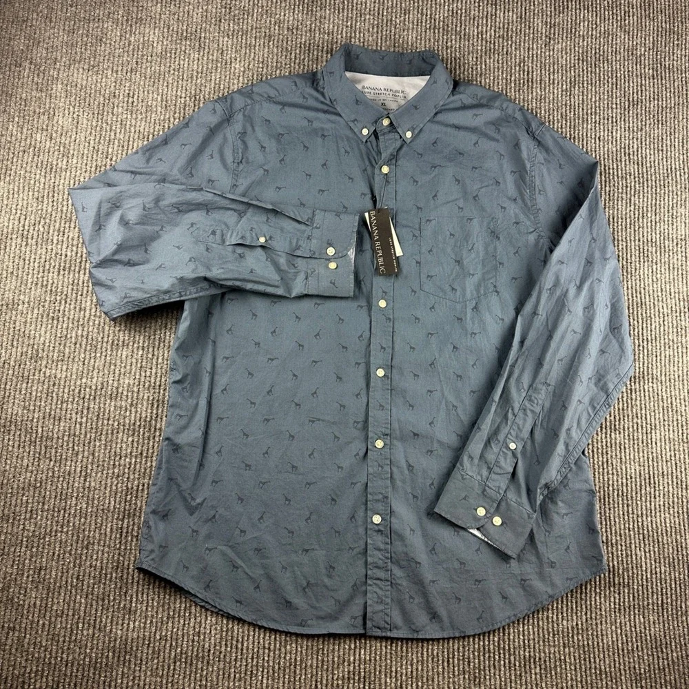 Banana Republic Luxe Stretch Poplin Giraffe Print Shirt Camden Standard Fit XL